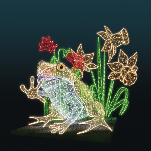 Dekoracja świetlna LED w formie żaby na ciemnym tle, nowoczesny fotopunkt z roślinnymi motywami i liniowym oświetleniem, przeznaczony do przestrzeni miejskich, parków i instalacji plenerowych.