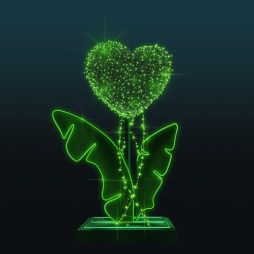 Palmowe serce LED, dekoracyjna iluminacja łącząca motyw roślinny z formą serca. ID 125849. Efektowna kompozycja z przestrzennym sercem z gęstych punktów LED i liśćmi w formie liniowego neonu, idealna do stref foto i przestrzeni miejskich.