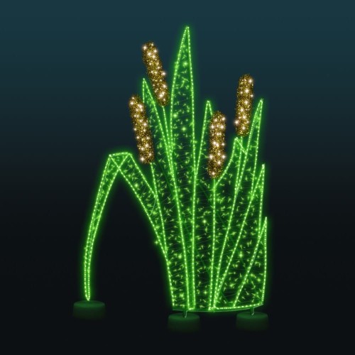 Dekoracja świetlna LED w formie tataraku na ciemnym tle, kompozycja z liniowym konturem i gęstymi punktami świetlnymi, przeznaczona do parków, ogrodów i instalacji plenerowych, tworząca efekt świetlistej roślinności.