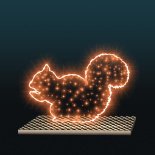Dekoracja świetlna LED w formie wiewiórki na ciemnym tle, nowoczesny fotopunkt z liniowym konturem i gęstymi punktami świetlnymi tworzącymi efekt skrzącego światła, przeznaczony do parków, przestrzeni miejskich i instalacji plenerowych.