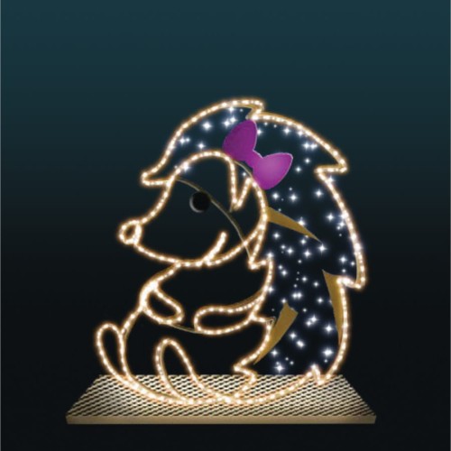 Dekoracyjna figura jeża LED z różową kokardką na ciemnym tle, podświetlany kontur i świetlne punkty tworzą efektowną iluminację plenerową, idealną do parków, deptaków i świątecznych aranżacji przyciągających uwagę odwiedzających.