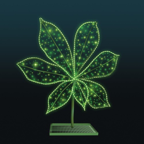 Efektowna dekoracja świetlna w intensywnej zielonej kolorystyce z delikatnym, rozproszonym punktem świetlnym, tworząca elegancki i rozpoznawalny motyw roślinny, idealna do aranżacji parkowych, miejskich oraz jako element większych instalacji sezonowych.