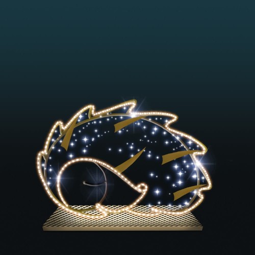 Dekoracja świetlna LED w formie śpiącego jeża na ciemnym tle, nowoczesny fotopunkt z liniowym oświetleniem i subtelnymi punktami świetlnymi, przeznaczony do parków, przestrzeni miejskich i instalacji plenerowych.