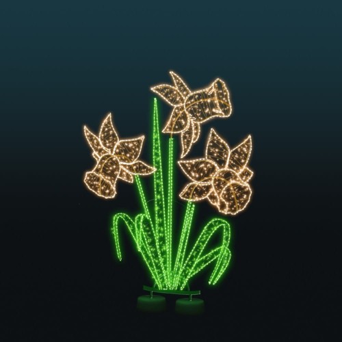 Dekoracja świetlna LED w formie stylizowanych kwiatów na ciemnym tle, kompozycja liniowa z ciepłym światłem kwiatów i zielonym podświetleniem liści, przeznaczona do parków, skwerów i iluminacji sezonowych.