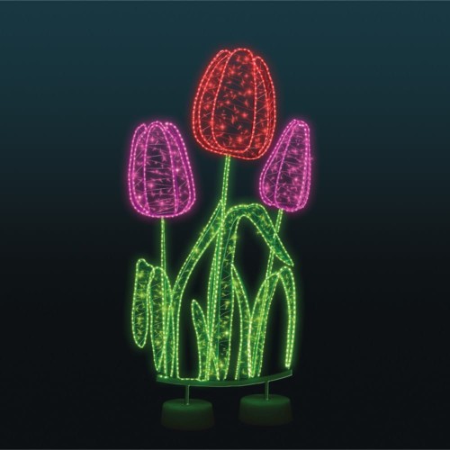 Dekoracja świetlna LED w formie tulipanów na ciemnym tle, nowoczesny fotopunkt z liniowym oświetleniem i kolorowymi elementami roślinnymi, przeznaczony do parków, przestrzeni miejskich i instalacji plenerowych.