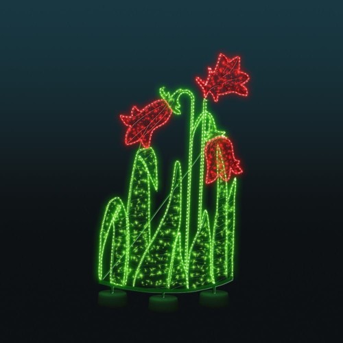 Dekoracja świetlna przedstawiająca stylizowane kwiaty na smukłych łodygach, utrzymana w kontrastowej kolorystyce czerwieni i zieleni, z efektem gęstego podświetlenia LED, przeznaczona do iluminacji sezonowych i aranżacji przestrzeni publicznych.