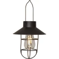 Wisząca lampa solarna z ozdobną żarówką i szerokim daszkiem przedstawiona na białym tle, z uchwytem do zawieszenia i dekoracyjną osłoną wokół źródła światła.