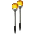 Zestaw dwóch solarnych lamp LED na sztycy z bursztynowymi kulami, dekoracyjne oświetlenie ogrodowe do ścieżek, rabat i nowoczesnych aranżacji zewnętrznych.