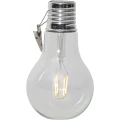 Przezroczysta solarna lampka LED w formie klasycznej żarówki z metalowym klipsem do zawieszenia. Widoczny filament świetlny oraz dekoracyjna konstrukcja produktu na białym tle.