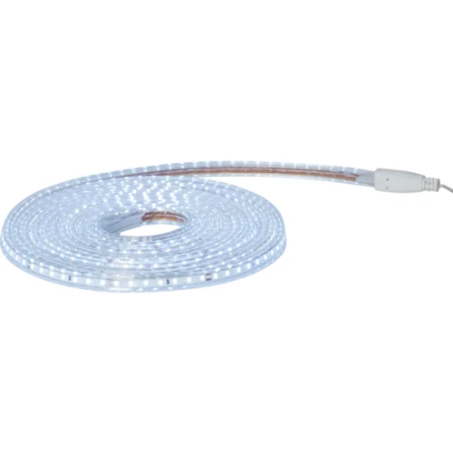 Elastyczny wąż LED w zimnej barwie światła, zwinięty w krąg na białym tle, z widocznym przewodem zasilającym.