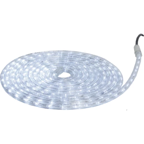 Wąż świetlny LED 230V w kolorze białym zimnym, ułożony w zwiniętą spiralę, prezentujący gęste rozmieszczenie punktów LED i przezroczystą osłonę PVC