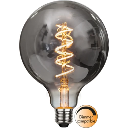 Dekoracyjna żarówka LED filament G125 z przydymionym szkłem i spiralnym włóknem LED. Duża żarówka retro z gwintem E27 emitująca ciepłe światło, kompatybilna ze ściemniaczem – idealna do lamp dekoracyjnych.