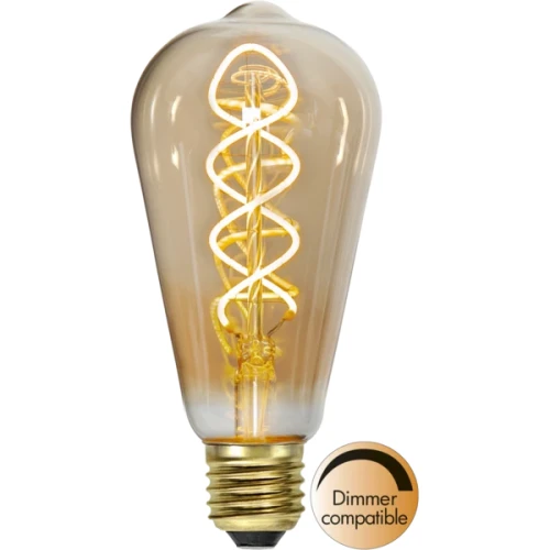 Żarówka LED filament ST64 z bursztynową bańką i spiralnym żarnikiem LED, bardzo ciepłe światło 2000K, oznaczenie kompatybilności ze ściemniaczem.