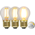 Żarówka LED G45 z 3 stopniową regulacją natężenia światła. Regulacja za pomocą przełącznika on/off. W prawym dolnym rogu ikonka „3-Step Dimming”.