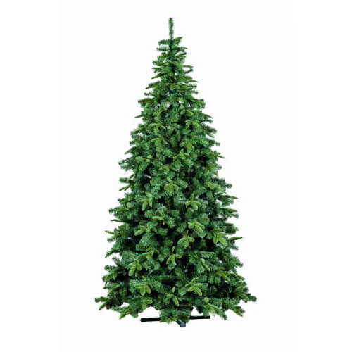 Choinka ZOYA o klasycznym pokroju i naturalnym wybarwieniu, ustawiona na czarnym stojaku na białym tle.