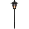 Czarna solarna lampa ogrodowa LED na szpilce z ciepłym światłem, przeznaczona do oświetlenia rabat, trawników i ścieżek, łącząca klasyczną formę latarni z funkcjonalnym i dekoracyjnym oświetleniem przestrzeni wokół domu.