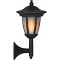 Czarna solarna lampa ścienna LED z ciepłym światłem, przeznaczona do montażu na elewacji, przy wejściu do domu lub na tarasie, zapewniająca dekoracyjne i funkcjonalne oświetlenie przestrzeni zewnętrznej.