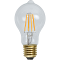 Żarówka LED E27 A60 z przezroczystym kloszem i widocznymi filamentami LED, widok produktu na białym tle.