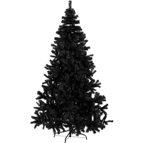 Sztuczna czarna choinka o stożkowym kształcie, wykonana z gęstego igliwia PVC, osadzona na metalowym stojaku krzyżowym, widok na całość na białym tle.