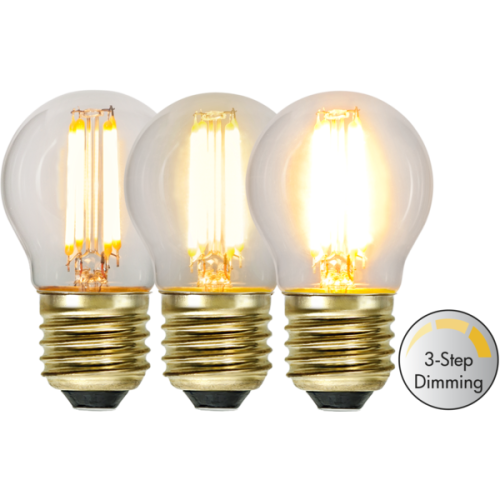 Żarówka LED G45 3-stopniowa – trzy żarówki LED G45 z widocznymi filamentami, pokazujące różne poziomy jasności światła w funkcji 3-step dimming.