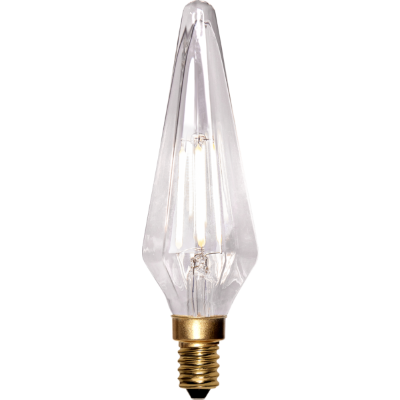 Dekoracyjna żarówka LED filament E14 w kształcie płomienia z przezroczystą bańką i trzema liniami LED emitującymi ciepłe białe światło.