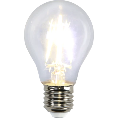 Żarówka LED E27 A60 z czterema filamentami, ciepłe białe światło, przezroczysta bańka i gwint E27.
