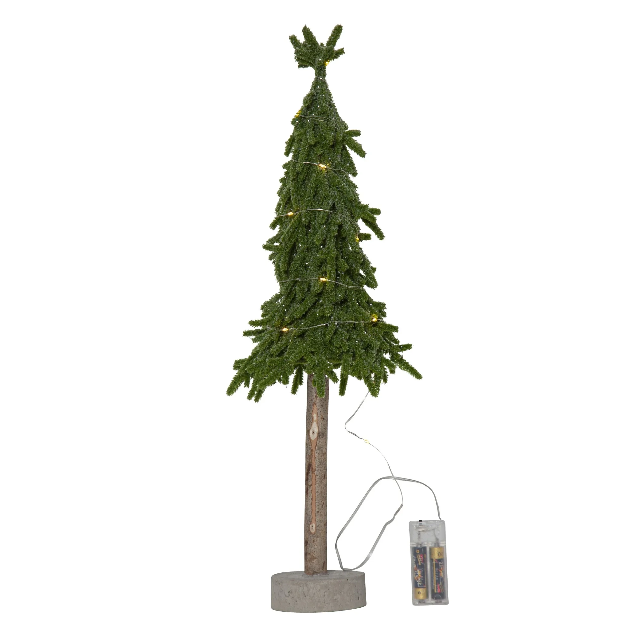 Smukła choinka LED o wysokości 55 cm z zielonymi gałązkami i betonową podstawą, zasilana na baterie, przewód zasilający widoczny obok podstawy.