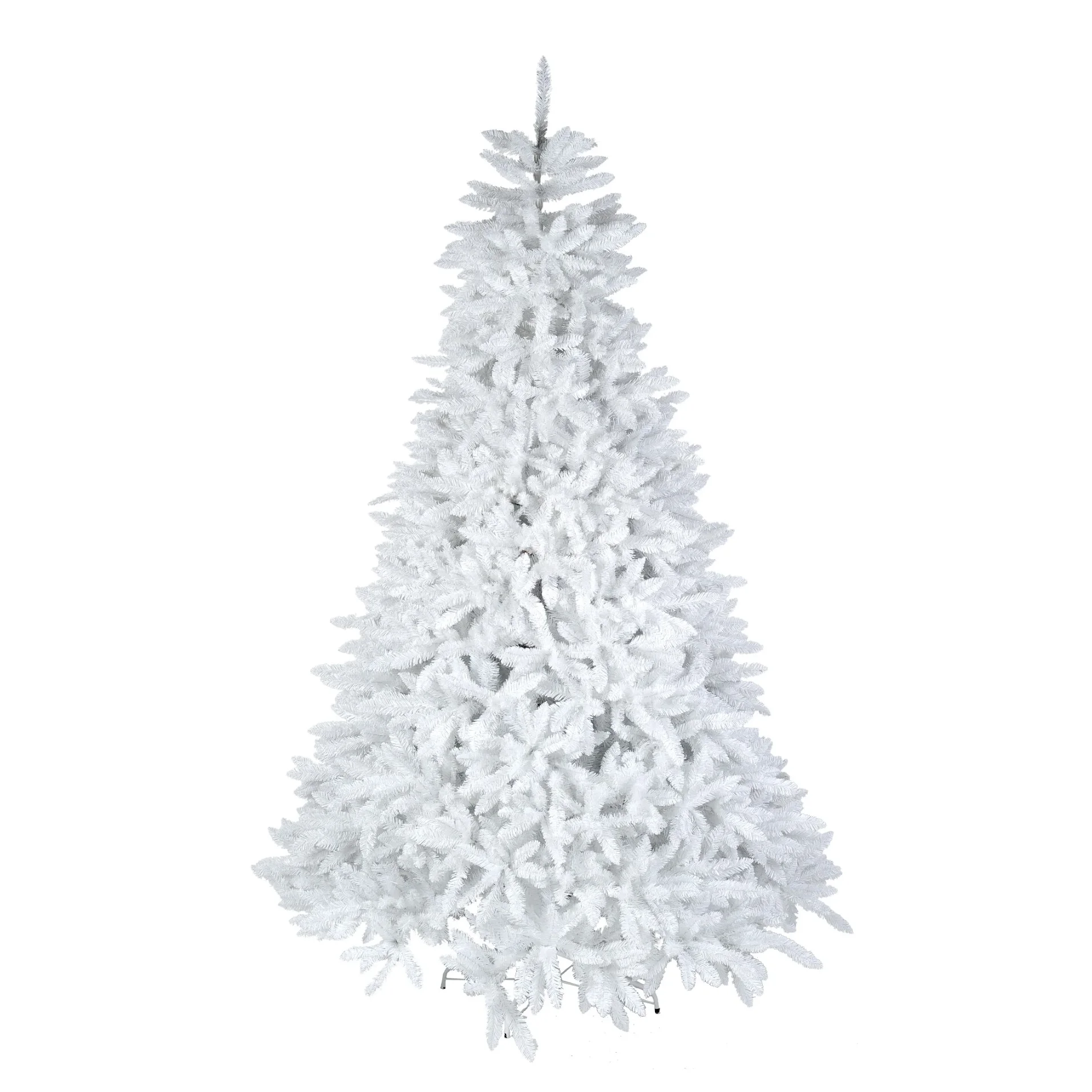 Biała choinka ZOYA na białym tle, ukazująca gęste gałęzie o śnieżnym wykończeniu i klasyczny stożkowaty kształt.