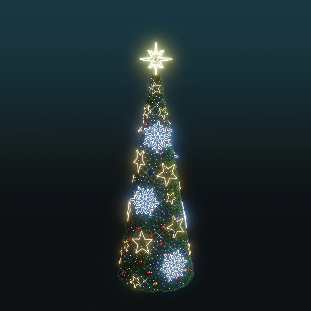 Choinka stożkowa o wysokości 7,8 m z iluminacją NEON LED w formie śnieżynek i gwiazdek oraz jasną gwiazdą na szczycie.