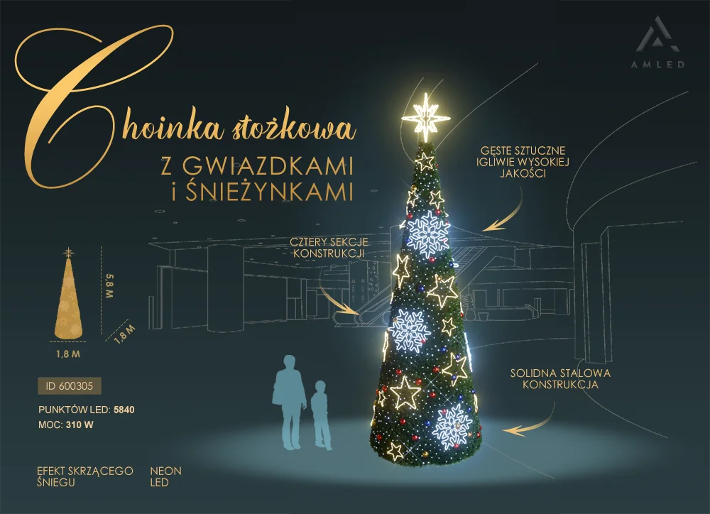 Stożkowa choinka o wysokości 5,8 metra ozdobiona świecącymi gwiazdkami i śnieżynkami NEON LED, wykonana z gęstego sztucznego igliwia, na tle graficznego szkicu miejskiej zabudowy.