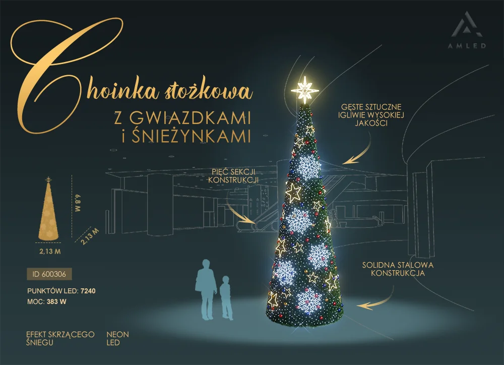 Stożkowa choinka o wysokości 6,8 metra ozdobiona świecącymi gwiazdkami i śnieżynkami NEON LED, wykonana z gęstego sztucznego igliwia, na tle graficznego szkicu miejskiej zabudowy.
