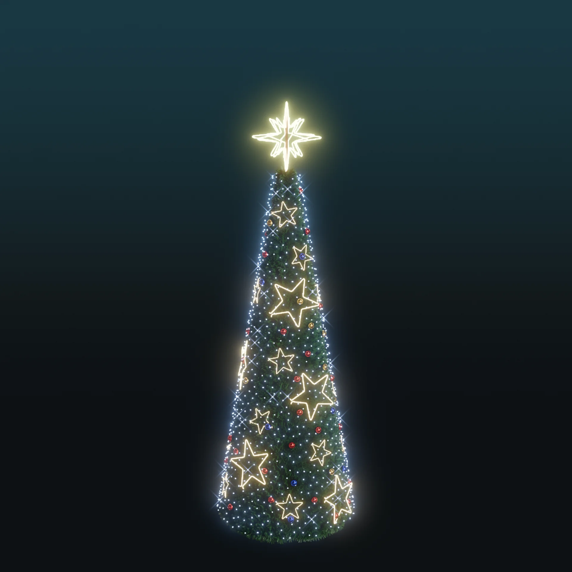 Stożkowa choinka z gęstym zielonym igliwiem, udekorowana świecącymi gwiazdkami neon LED w ciepłej barwie i drobnymi kolorowymi punktami świetlnymi, zakończona neonową gwiazdą na szczycie.