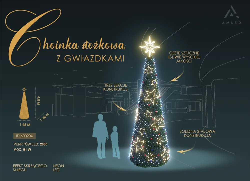 Stożkowa choinka LED o wysokości 4,8 m i średnicy 1,48 m, ozdobiona gęstym sztucznym igliwiem, świecącymi gwiazdkami w technologii neon LED i tysiącami punktów świetlnych, ustawiona na tle szkicu wnętrza budynku.