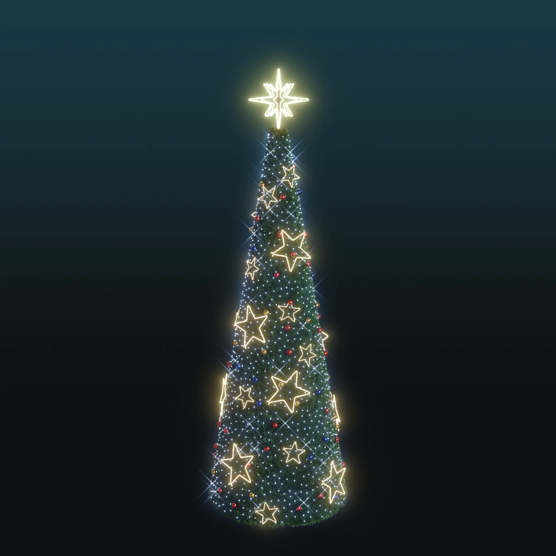 Wysoka stożkowa choinka 5,8 m z gęstym zielonym igliwiem, udekorowana świecącymi gwiazdkami neon LED w ciepłej barwie i drobnymi kolorowymi punktami świetlnymi, zakończona neonową gwiazdą na szczycie.