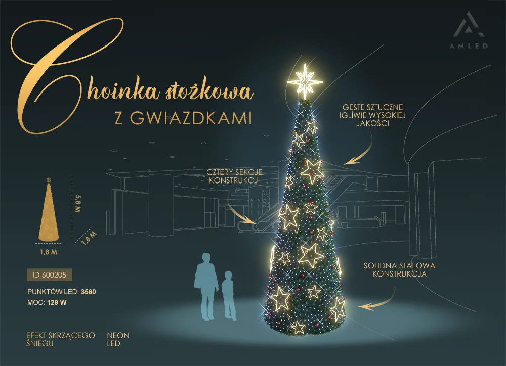 Stożkowa choinka LED o wysokości 5,8 m i średnicy 2,13 m, ozdobiona gęstym sztucznym igliwiem, świecącymi gwiazdkami w technologii neon LED i tysiącami punktów świetlnych, ustawiona na tle szkicu wnętrza budynku.