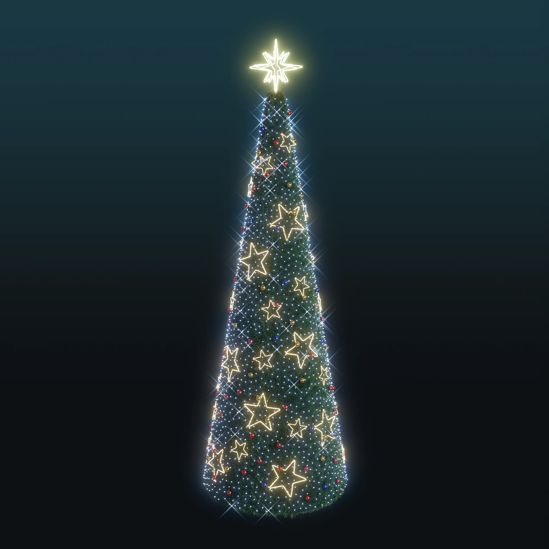 Wysoka stożkowa choinka z gęstym zielonym igliwiem, udekorowana świecącymi gwiazdkami neon LED w ciepłej barwie i drobnymi kolorowymi punktami świetlnymi, zakończona neonową gwiazdą na szczycie.