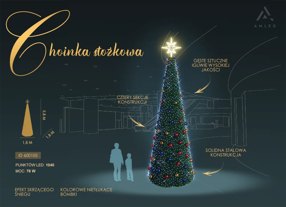 Choinka stożkowa LED o wysokości 5,8 m z kolorowymi bombkami i świetlistą gwiazdą na szczycie, oświetlona białymi punktami LED, tworzącymi efekt skrzącego śniegu.
