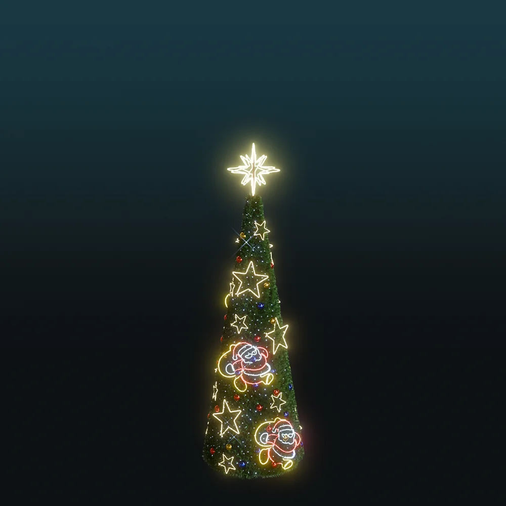 Stożkowa choinka świąteczna o wysokości 4,8 m, ozdobiona neonowymi sylwetkami Mikołajów i gwiazdek NEON LED w wielu kolorach, z jasno świecącą gwiazdą na szczycie, ustawiona na ciemnym tle.