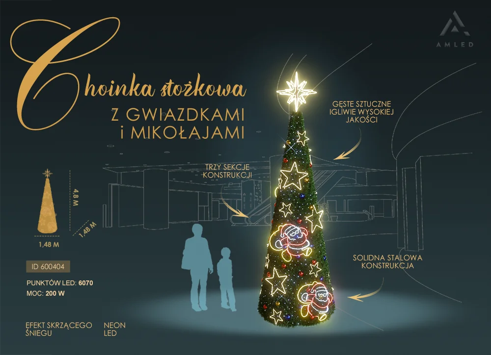 Stożkowa choinka o wysokości 4,8 m ozdobiona świecącymi postaciami Mikołajów i gwiazdkami NEON LED w stylu neonowym, osadzona na stalowej konstrukcji i pokryta gęstym sztucznym igliwiem.