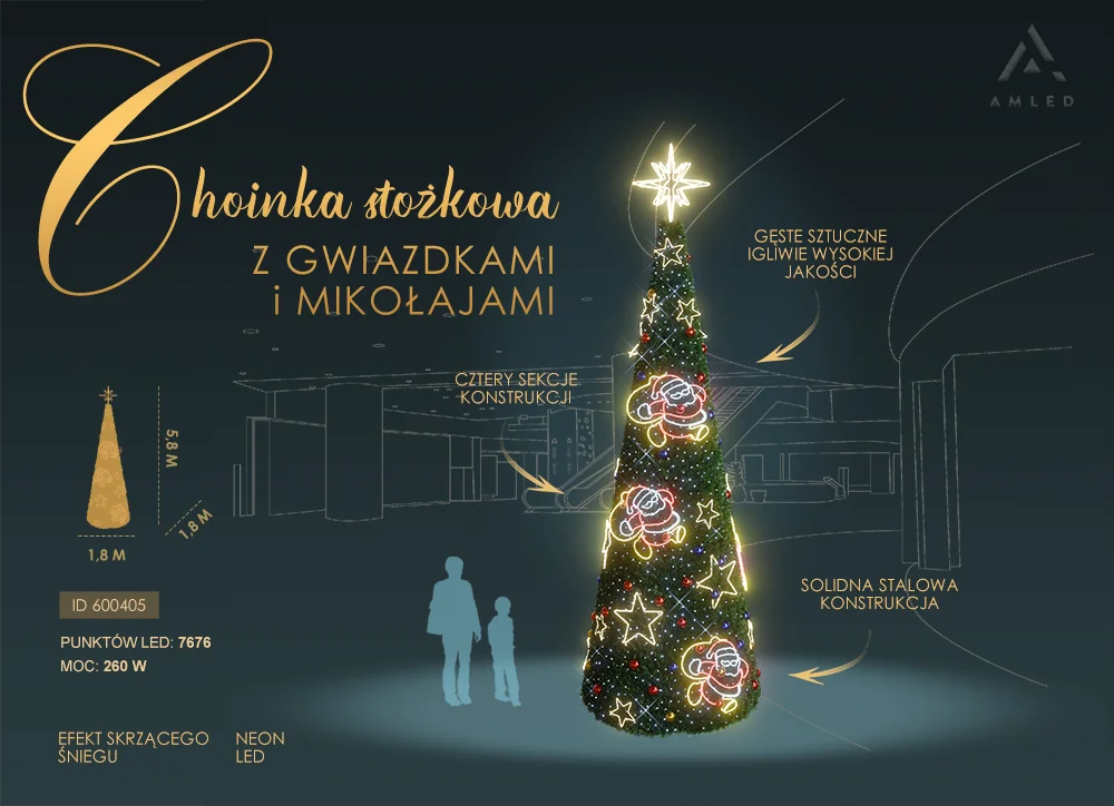 Stożkowa choinka o wysokości 5,8 m ozdobiona świecącymi postaciami Mikołajów i gwiazdkami NEON LED w stylu neonowym, osadzona na stalowej konstrukcji i pokryta gęstym sztucznym igliwiem.