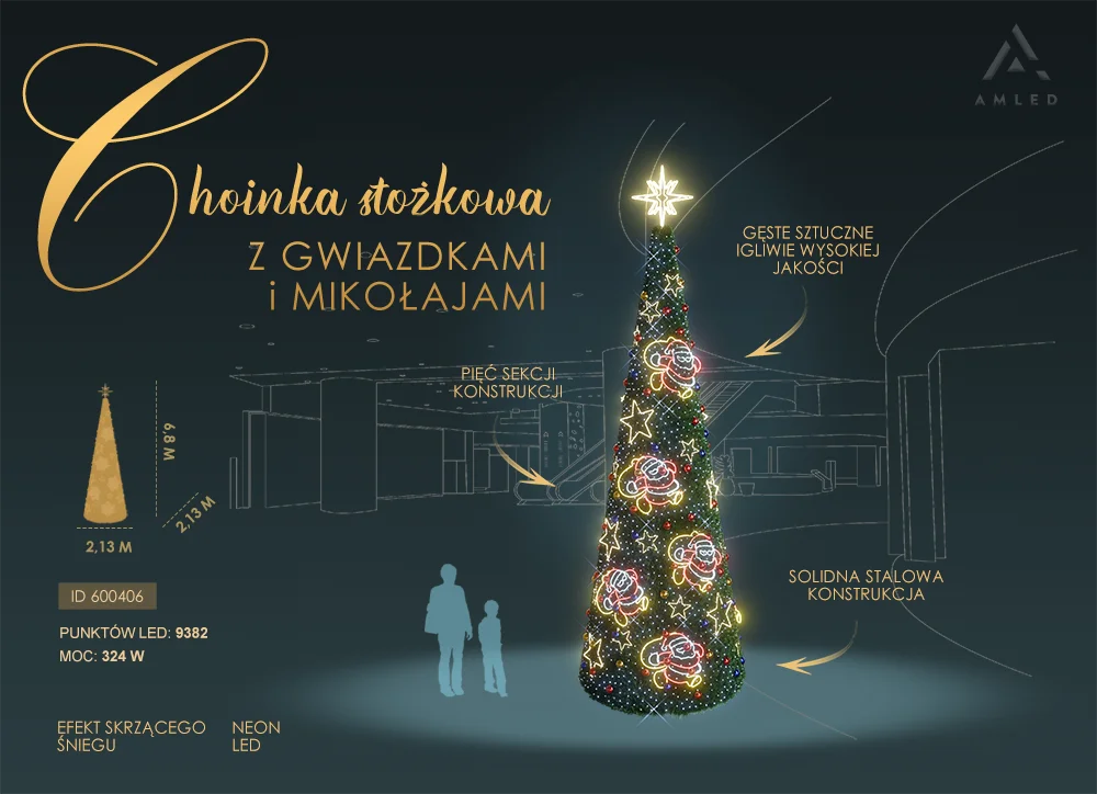 Stożkowa choinka o wysokości 6,8 m ozdobiona świecącymi postaciami Mikołajów i gwiazdkami NEON LED w stylu neonowym, osadzona na stalowej konstrukcji i pokryta gęstym sztucznym igliwiem.
