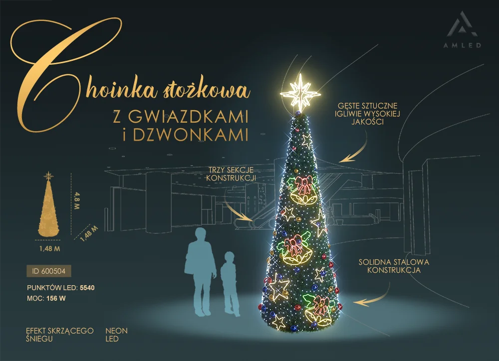 Dekoracja świetlna w formie wysokiej choinki z motywami LED, stojąca w przestrzeni publicznej, otoczona postaciami dla skali.