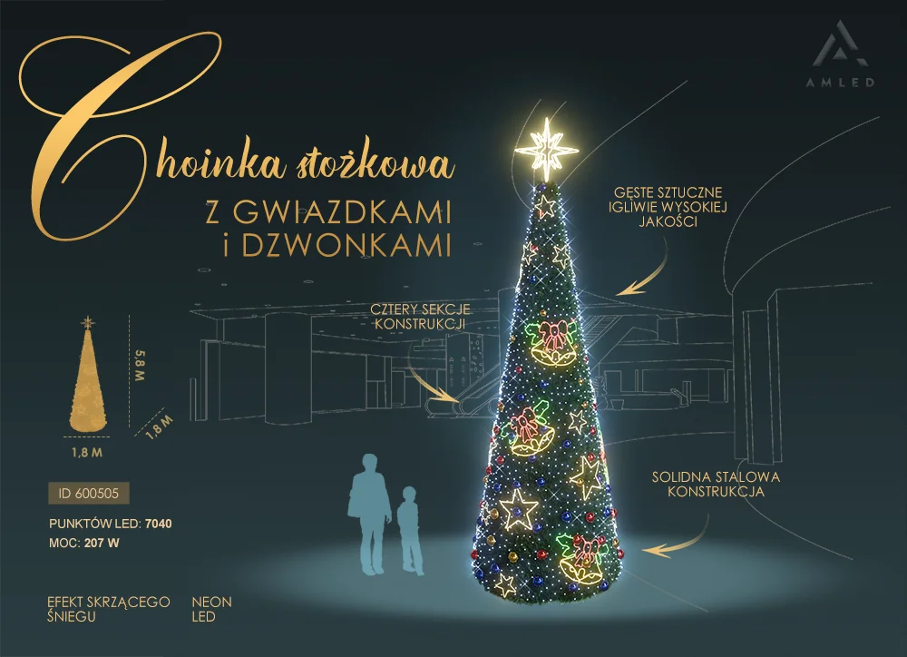 Dekoracja świetlna w formie wysokiej choinki stożkowej z motywami NEON LED, stojąca w przestrzeni publicznej, otoczona postaciami dla skali.