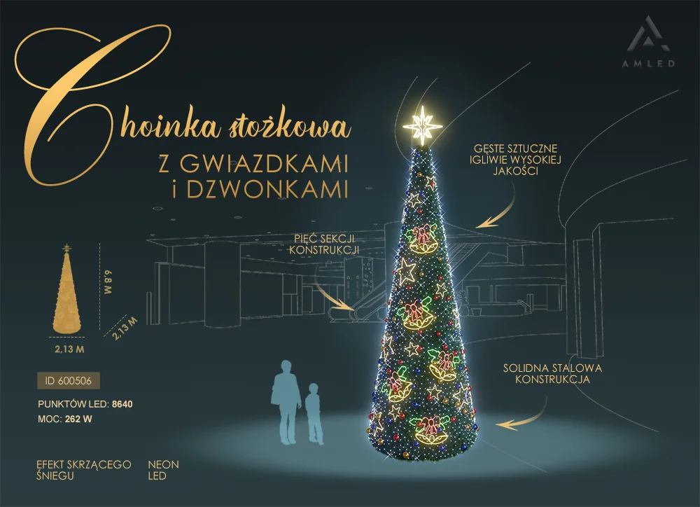 Dekoracja świetlna w formie wysokiej choinki stożkowej z motywami NEON LED, stojąca w przestrzeni publicznej, otoczona postaciami dla skali.