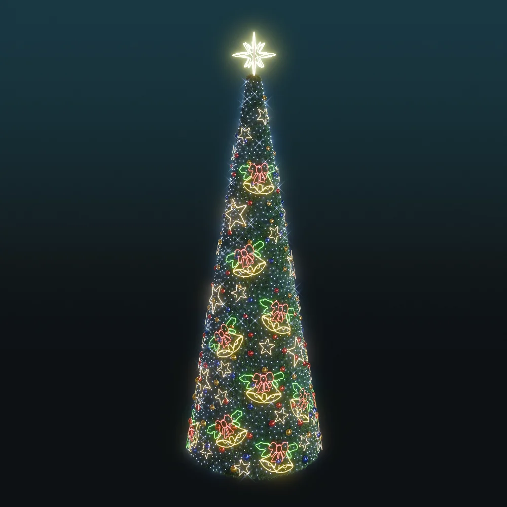 Stożkowa choinka o wysokości 7,8 metra z iluminacją LED, ozdobiona świetlnymi motywami dzwonków, gwiazdek i kokard oraz kolorowymi bombkami.