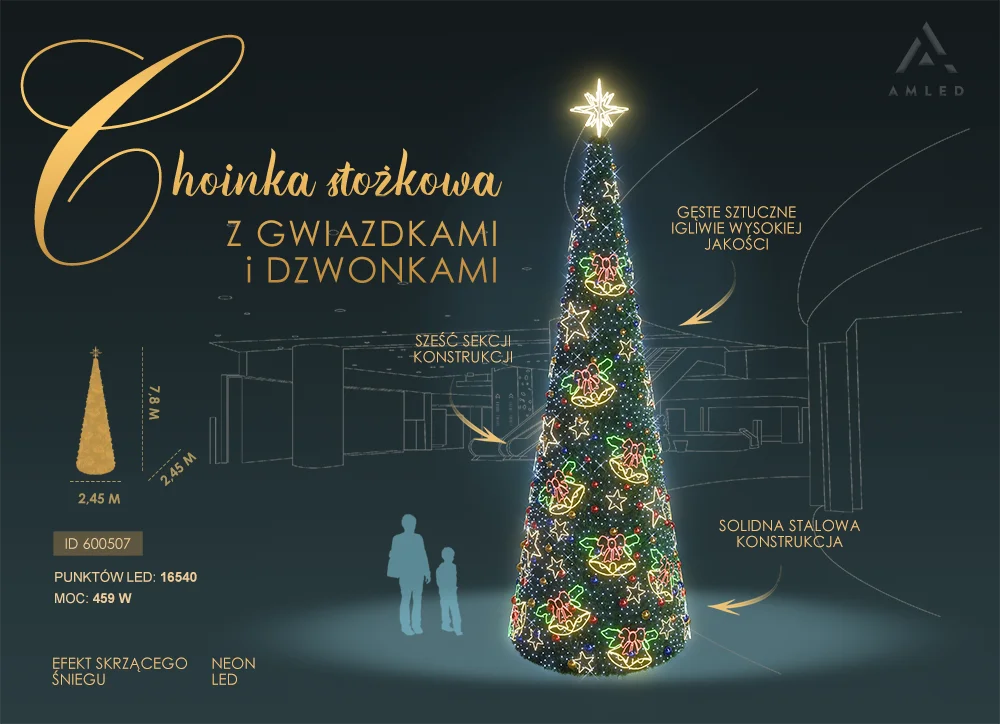 Dekoracja świetlna w formie wysokiej choinki stożkowej z motywami NEON LED, stojąca w przestrzeni publicznej, otoczona postaciami dla skali.
