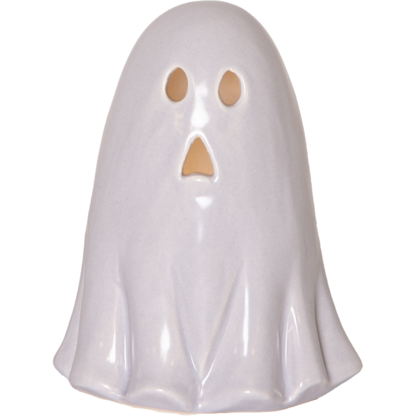Ceramiczny duszek LED na białym tle, z delikatnie podświetlonymi oczami i ustami. Gładka, błyszcząca powierzchnia i prosta forma podkreślają spokojny, dekoracyjny charakter.