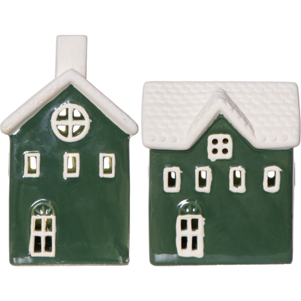 Zbliżenie na dwa zielone ceramiczne domki z białymi dachami i jasnymi oknami, pokazane na jednolitym tle. Prosta kompozycja podkreśla formę i kolor dekoracji.