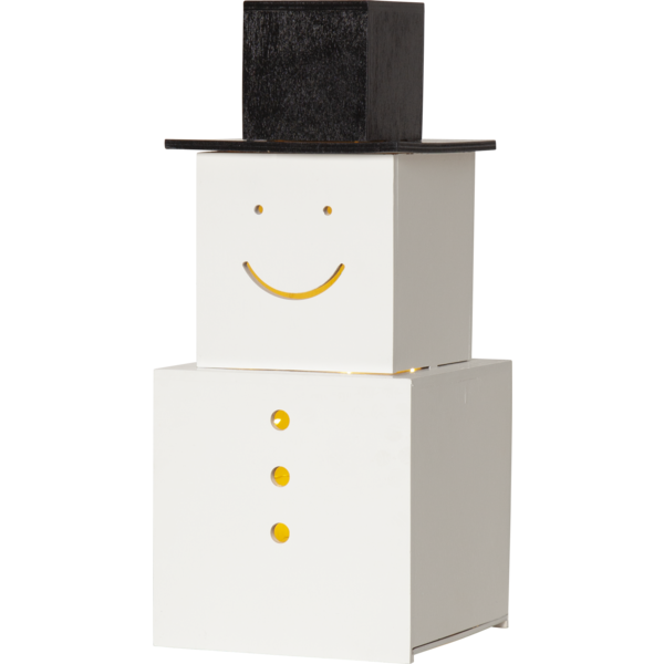 Dekoracja LED – bałwanek z geometrycznych, białych brył z czarnym kapeluszem; subtelne, ciepłe światło w wycięciach twarzy i guzików, minimalistyczna forma dekoracji świątecznej.