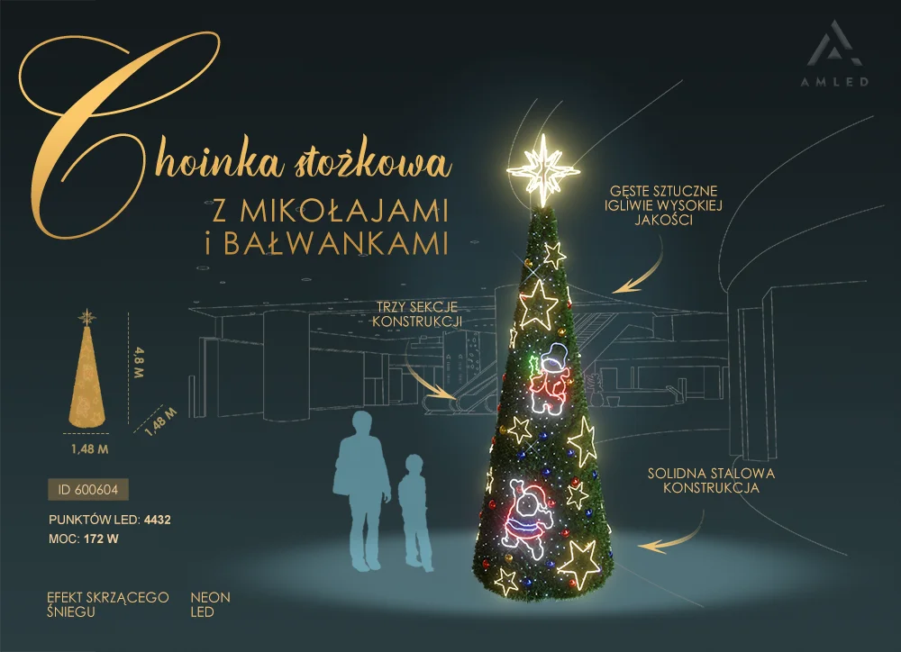 Wysoka na 4,8 metra choinka stożkowa z neonowymi dekoracjami LED przedstawiającymi Mikołaje, bałwanki i gwiazdy, oświetlona 4432 punktami świetlnymi, ustawiona na ciemnym tle z sylwetkami ludzi.